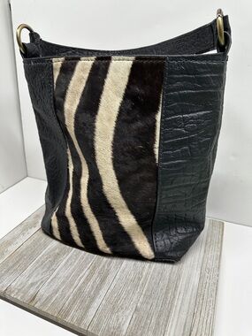 Black Zebra-Accent Leather Shoulder Bag